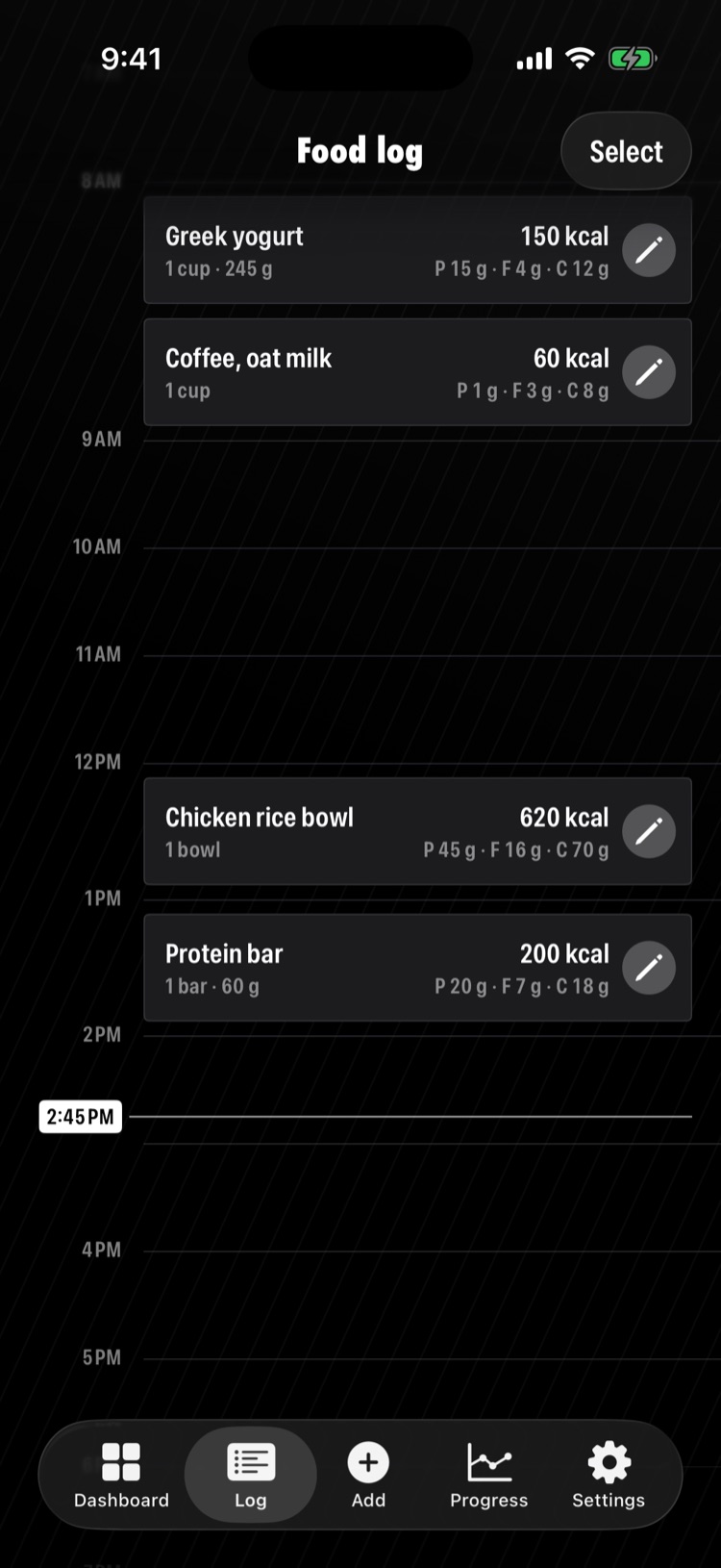 The food log: entries placed at the hour they were eaten, with calories and macros.